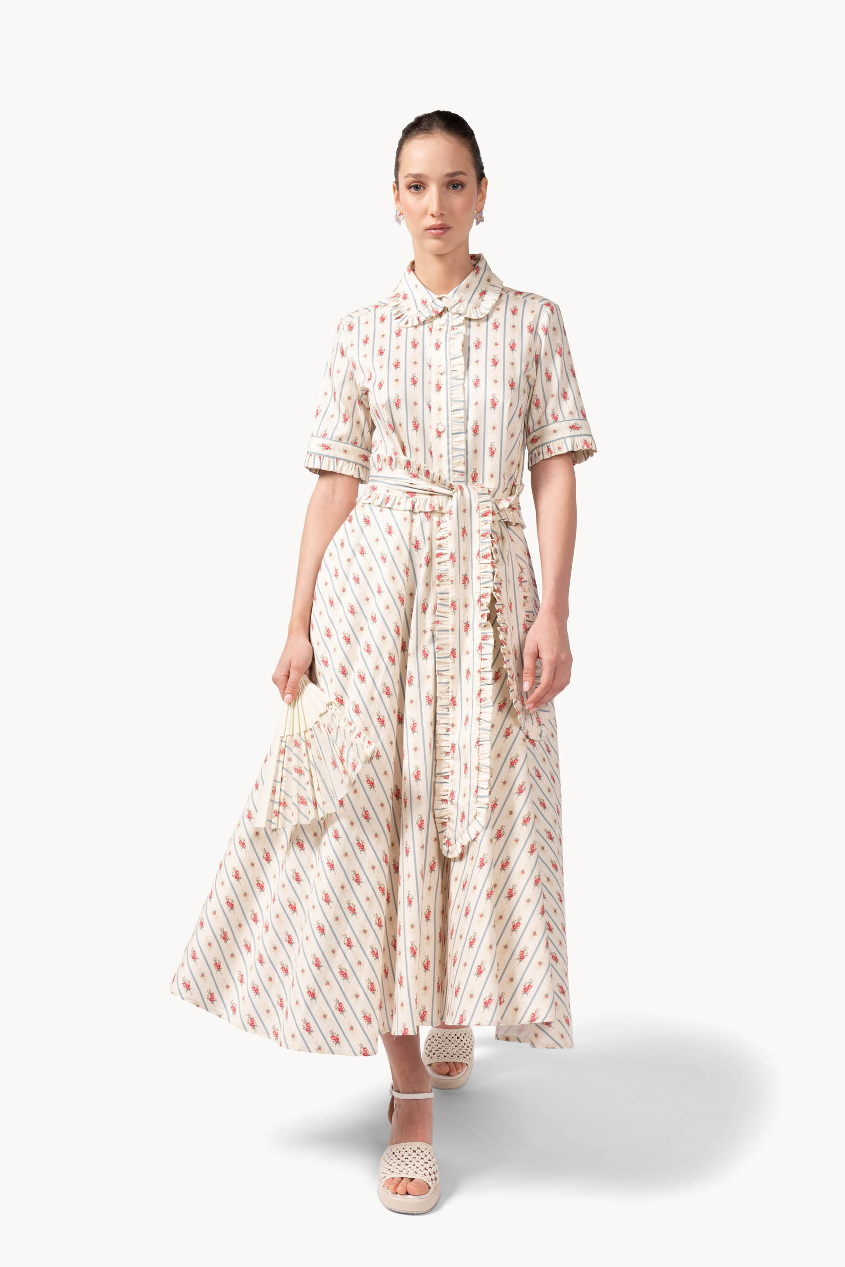 Camicia a maniche corte in cotone elasticizzato floreale e a righe
