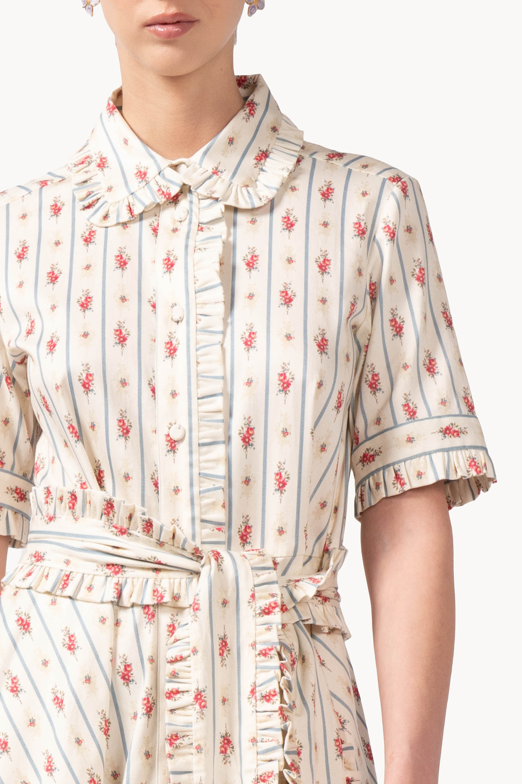 Camicia a maniche corte in cotone elasticizzato floreale e a righe