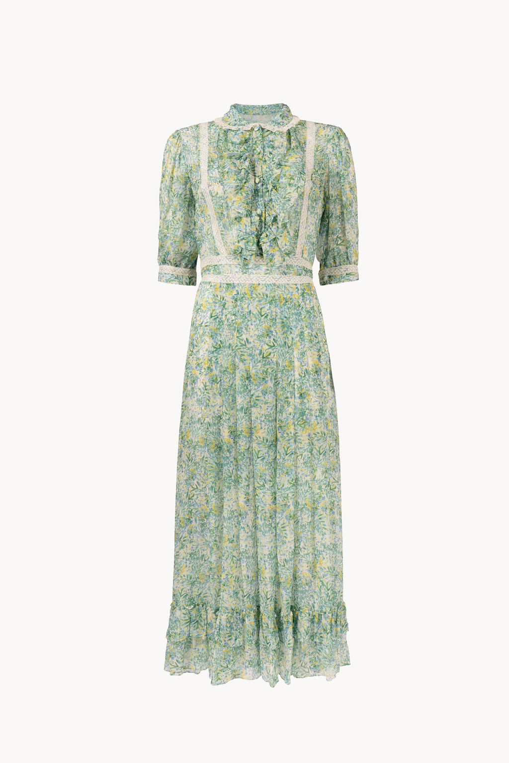 Coral Green Printed Chiffon Chemisier Dress With Lace Inserts