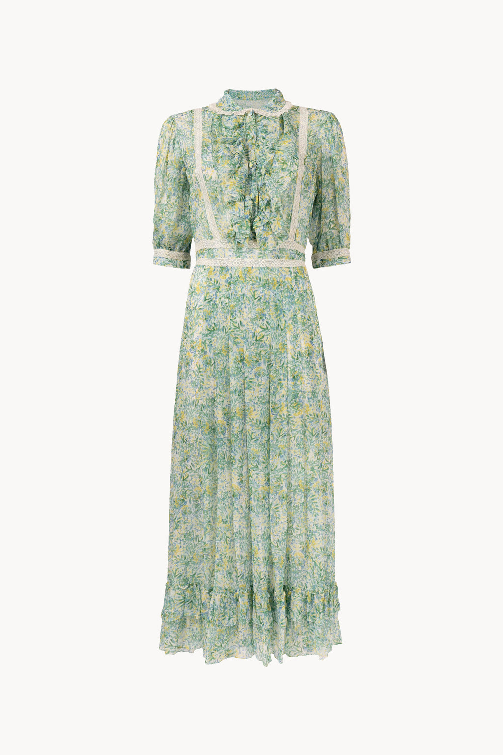 Coral Green Printed Chiffon Chemisier Dress With Lace Inserts