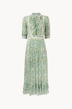 Coral Green Printed Chiffon Chemisier Dress With Lace Inserts