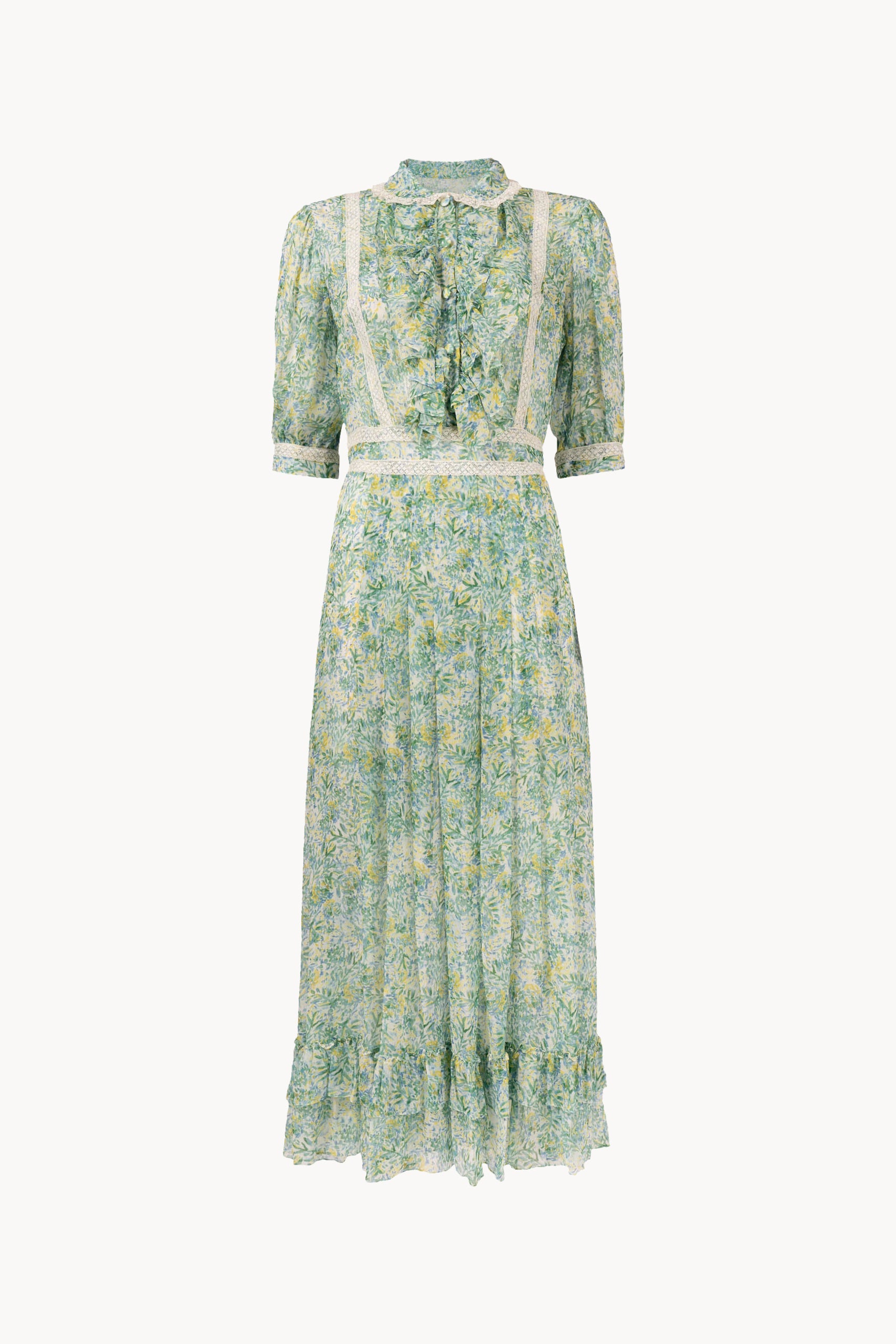 Abito camicia in chiffon stampato verde corallo con inserti in pizzo