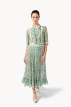 Coral Green Printed Chiffon Chemisier Dress With Lace Inserts