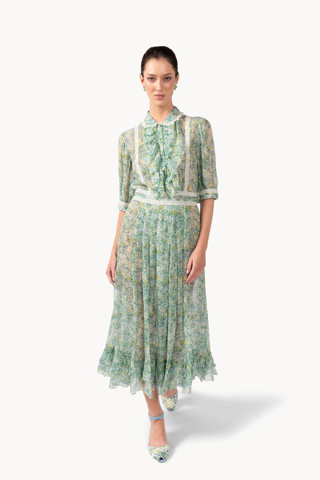 Coral Green Printed Chiffon Chemisier Dress With Lace Inserts