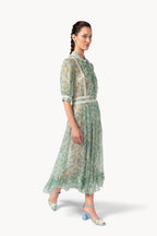 Coral Green Printed Chiffon Chemisier Dress With Lace Inserts