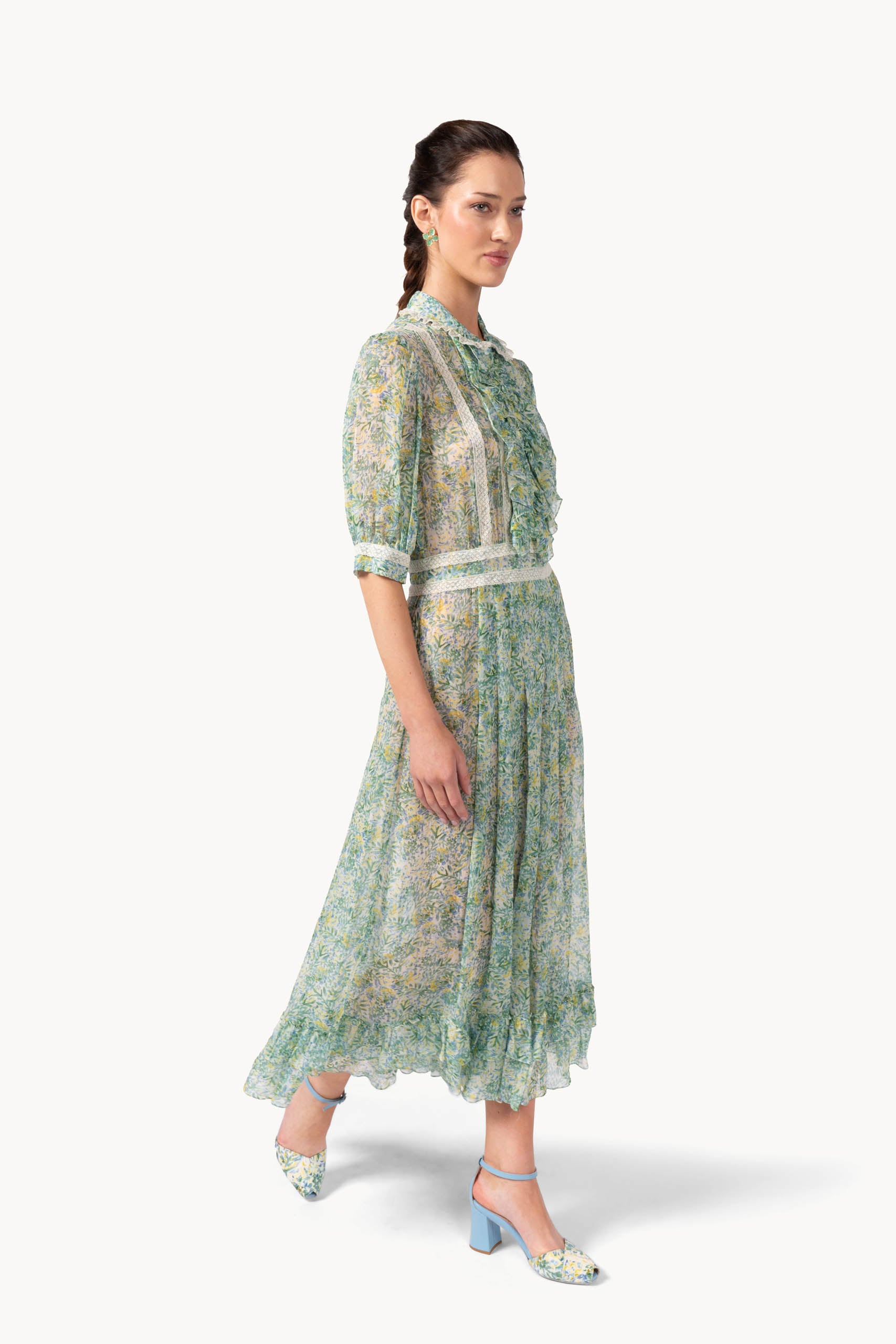 Coral Green Printed Chiffon Chemisier Dress With Lace Inserts
