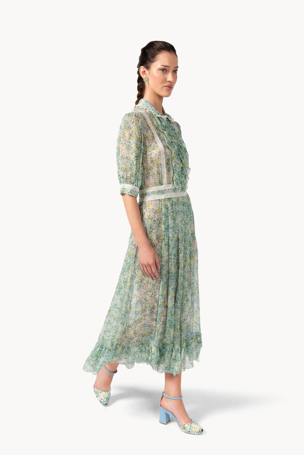 Coral Green Printed Chiffon Chemisier Dress With Lace Inserts