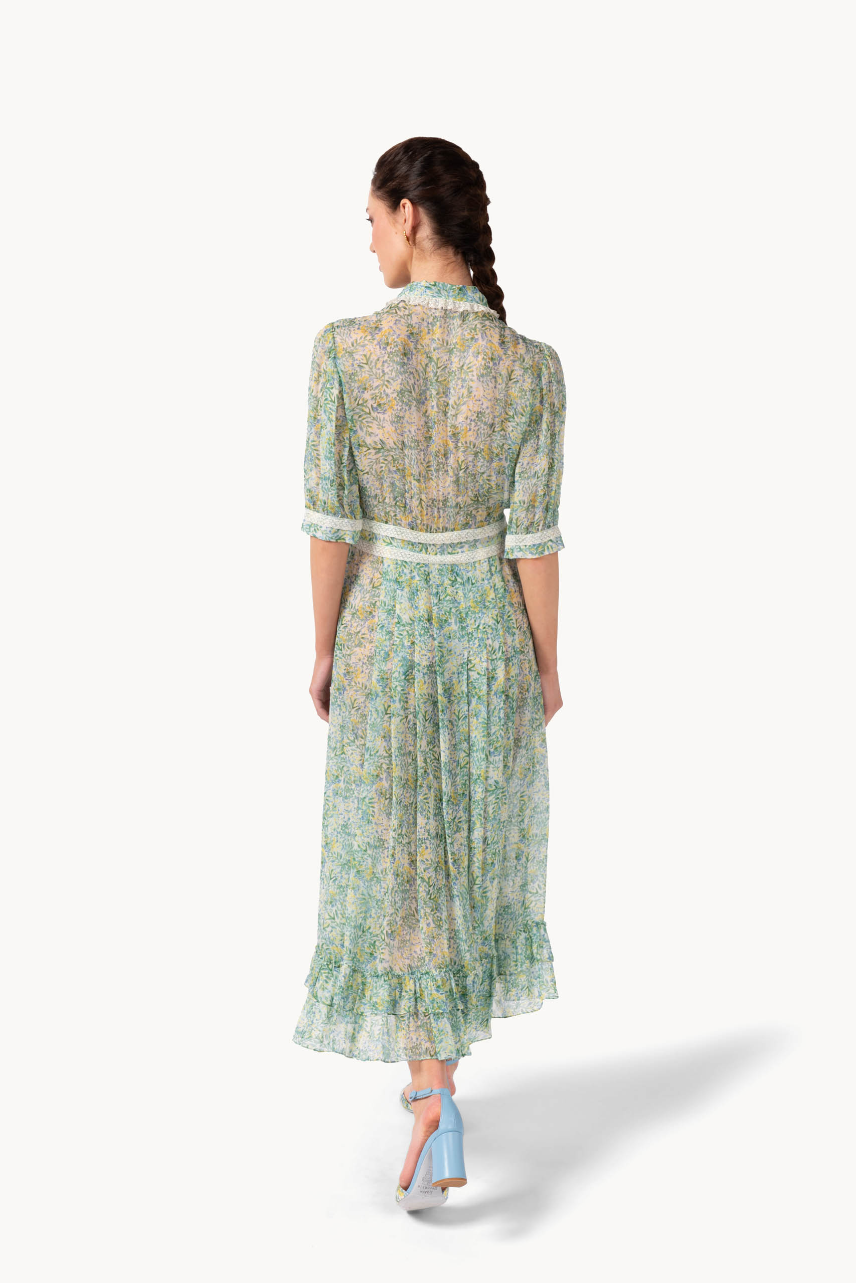 Coral Green Printed Chiffon Chemisier Dress With Lace Inserts