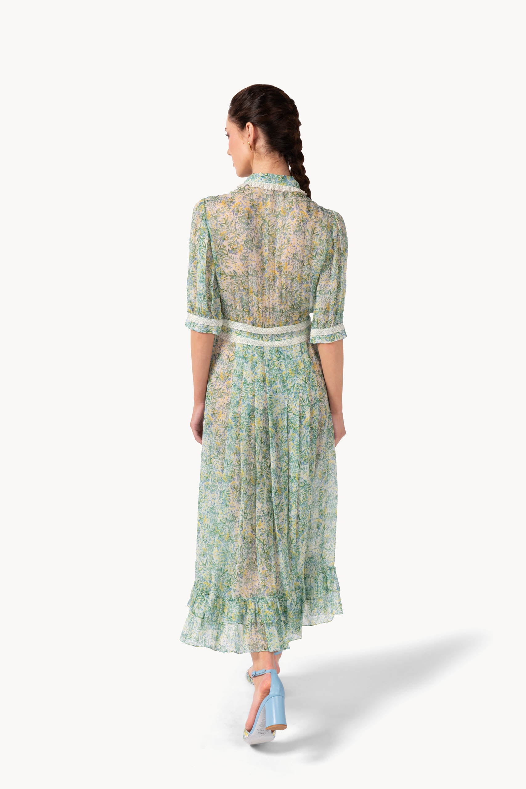 Coral Green Printed Chiffon Chemisier Dress With Lace Inserts