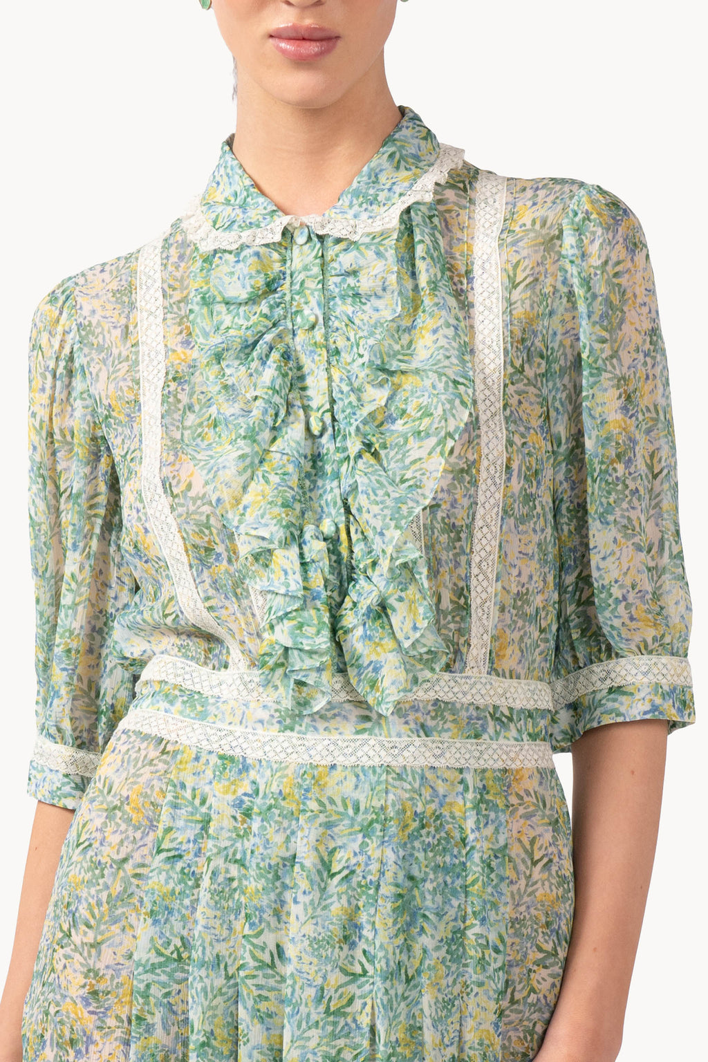 Coral Green Printed Chiffon Chemisier Dress With Lace Inserts