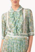 Coral Green Printed Chiffon Chemisier Dress With Lace Inserts