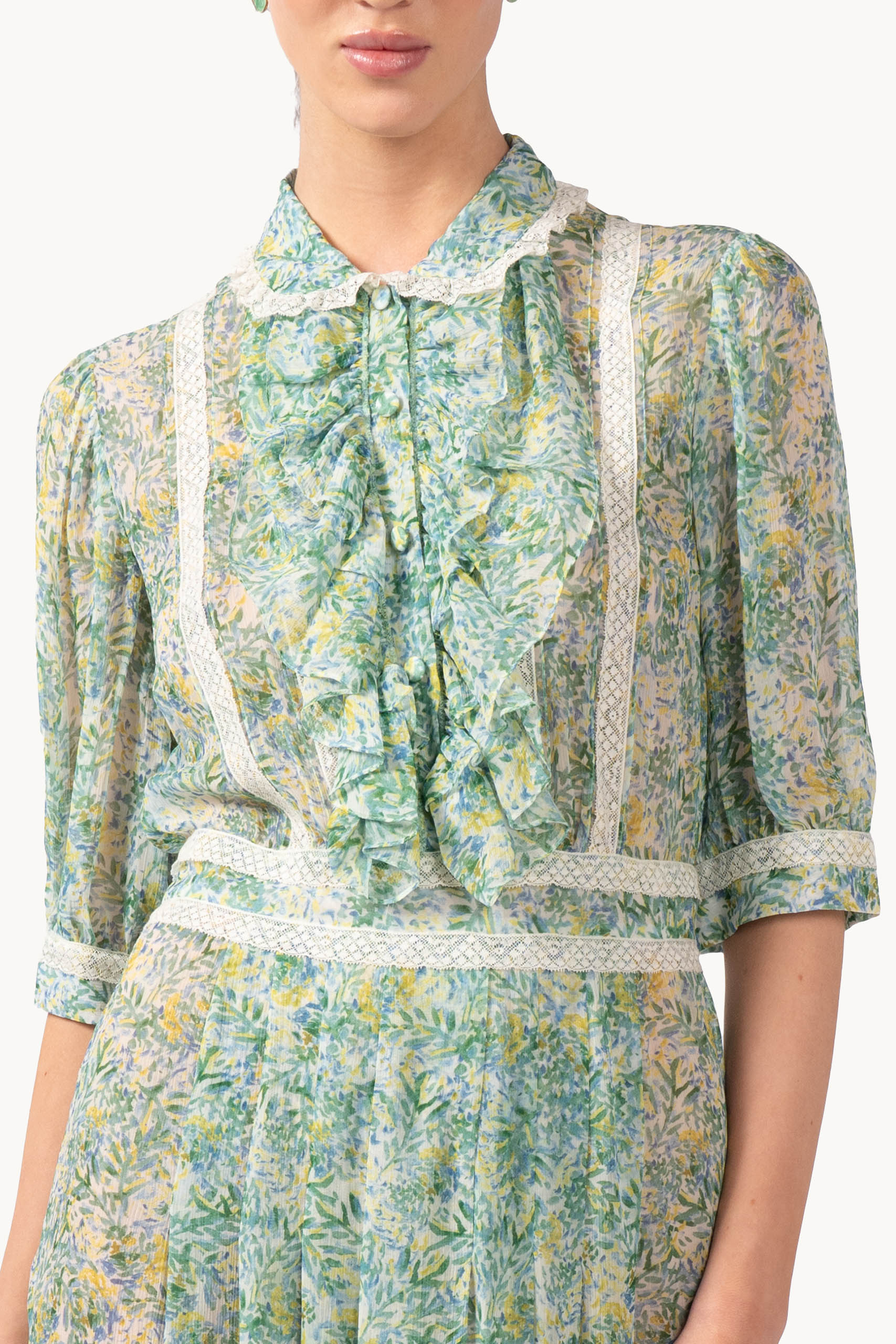 Coral Green Printed Chiffon Chemisier Dress With Lace Inserts