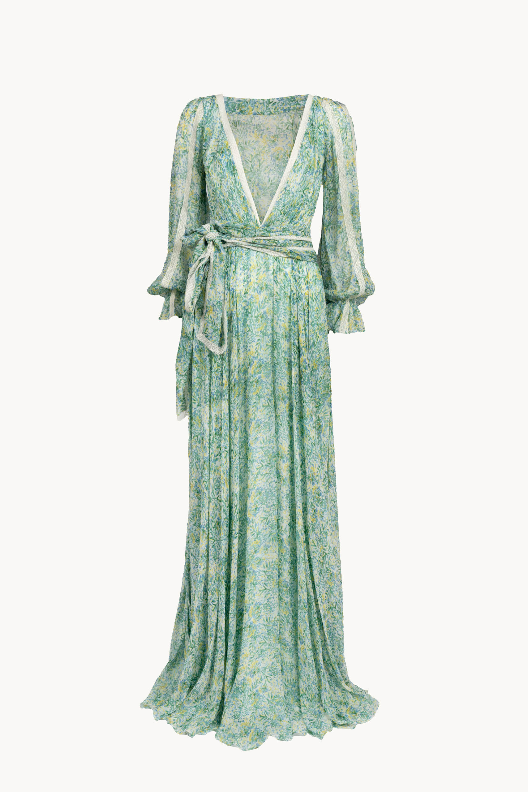 Printed Chiffon Long Dress With Lace Inserts