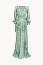 Abito lungo in chiffon stampato con inserti in pizzo