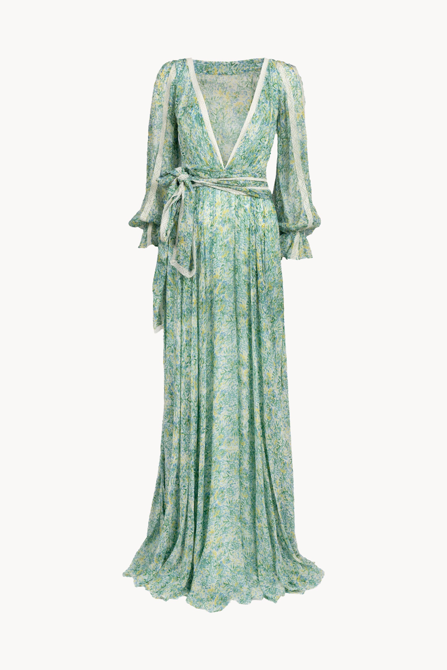 Printed Chiffon Long Dress With Lace Inserts