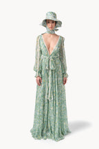 Abito lungo in chiffon stampato con inserti in pizzo