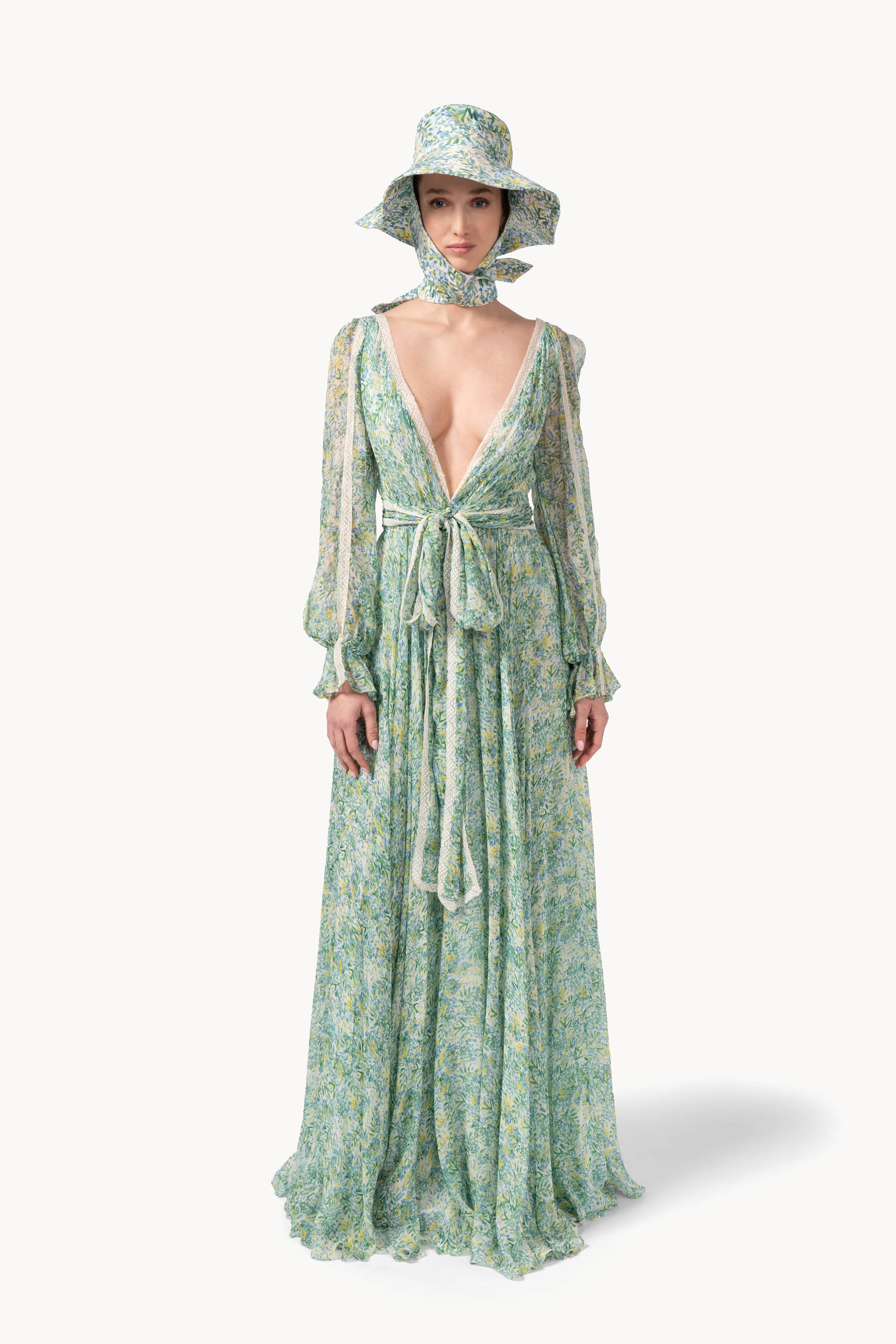 Printed Chiffon Long Dress With Lace Inserts