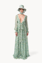 Abito lungo in chiffon stampato con inserti in pizzo