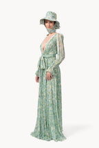 Abito lungo in chiffon stampato con inserti in pizzo