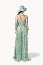 Abito lungo in chiffon stampato con inserti in pizzo