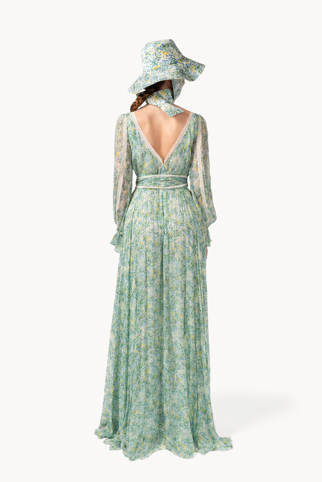 Abito lungo in chiffon stampato con inserti in pizzo