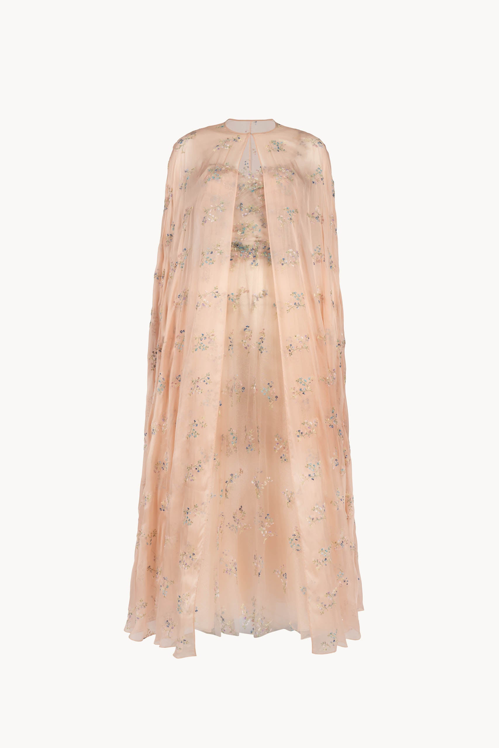 Abito in tulle ricamato con fiori con mantella in garza e chiffon ricamato a fiori