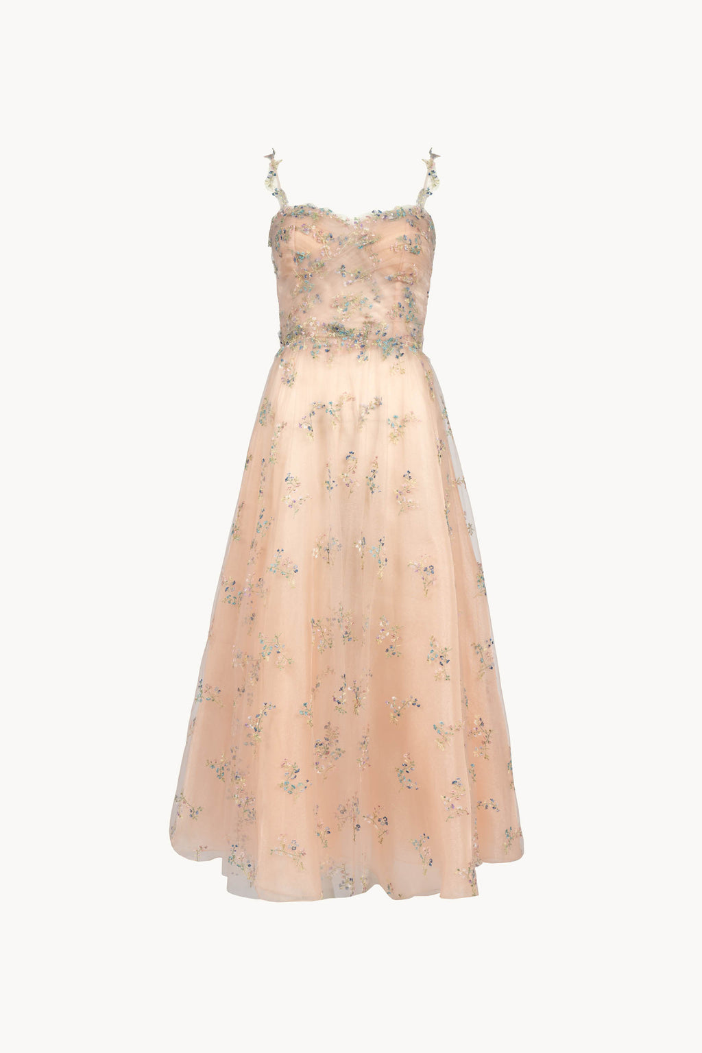 Abito in tulle ricamato con fiori con mantella in garza e chiffon ricamato a fiori