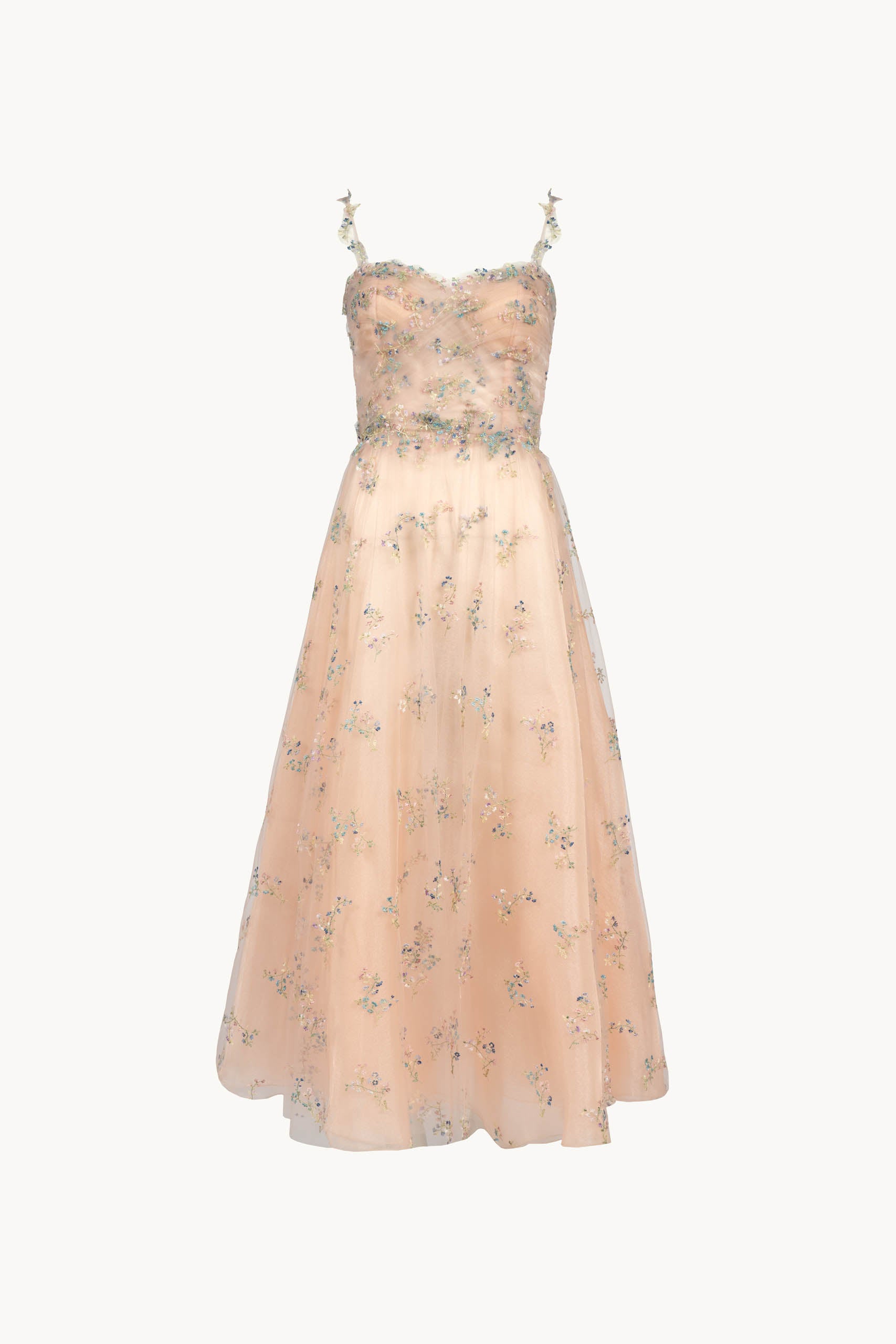 Abito in tulle ricamato con fiori con mantella in garza e chiffon ricamato a fiori