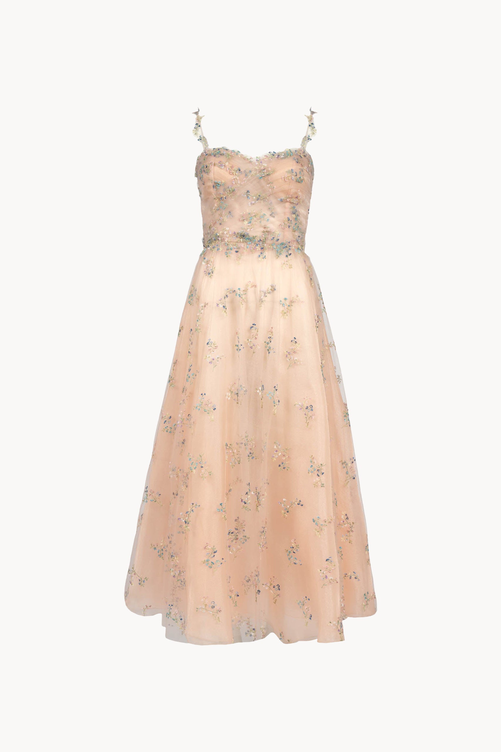 Abito in tulle ricamato con fiori con mantella in garza e chiffon ricamato a fiori