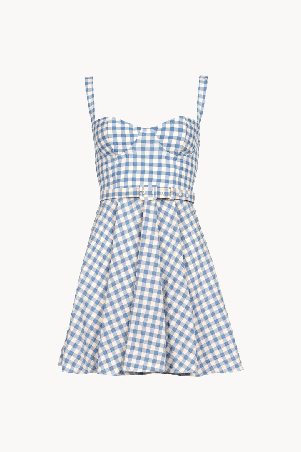 A light blue and white gingham mini dress with a sweetheart neckline, thin shoulder straps, a matching fabric tie belt with a silver buckle, and a flared skirt, shown against a plain off-white background.