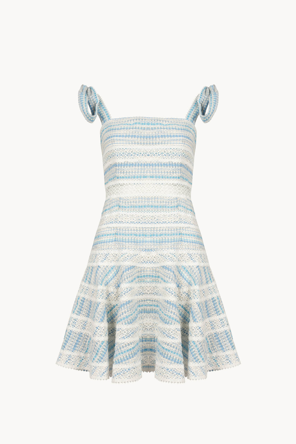 Abito corto a righe in cotone jacquard e pizzo