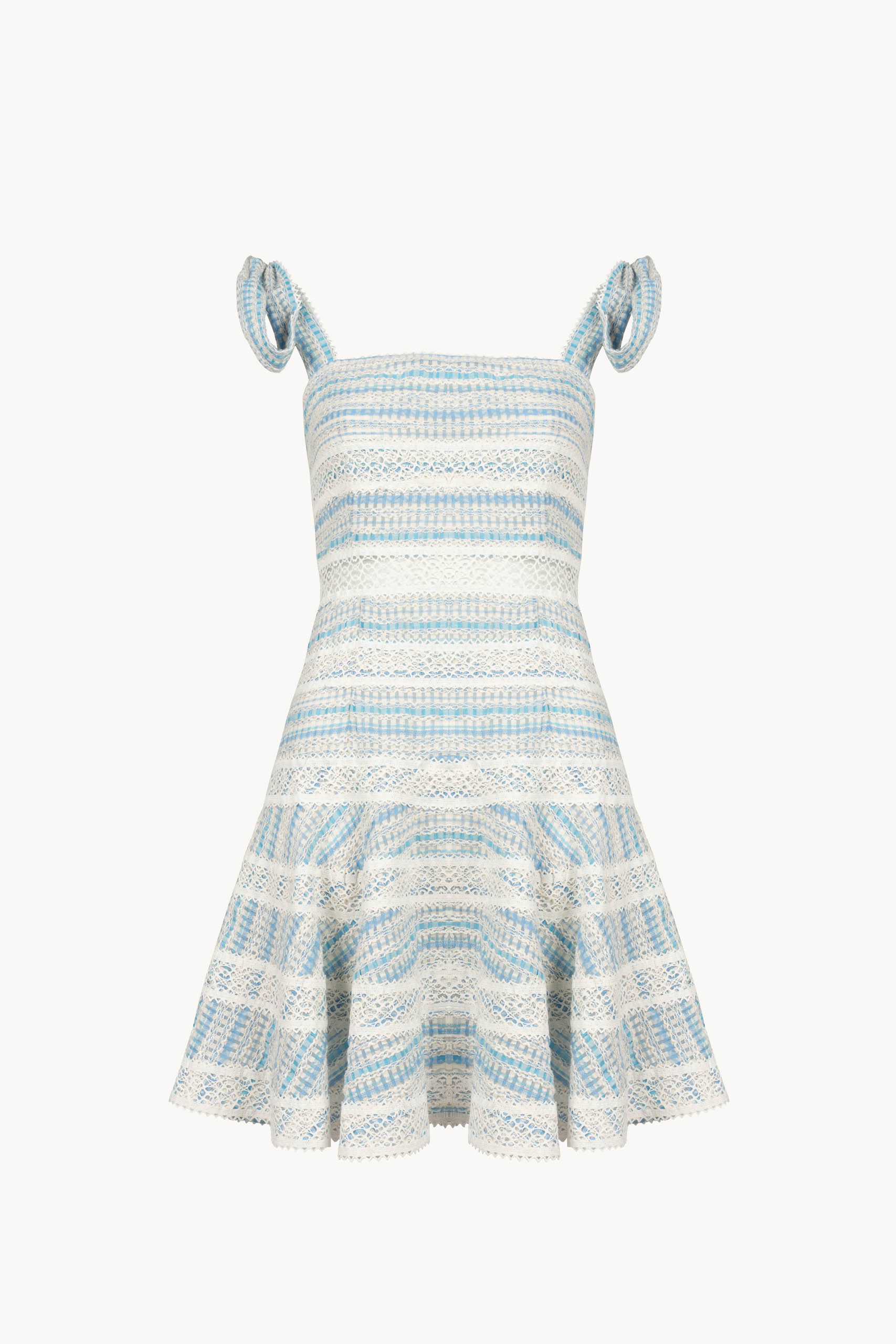 Abito corto a righe in cotone jacquard e pizzo