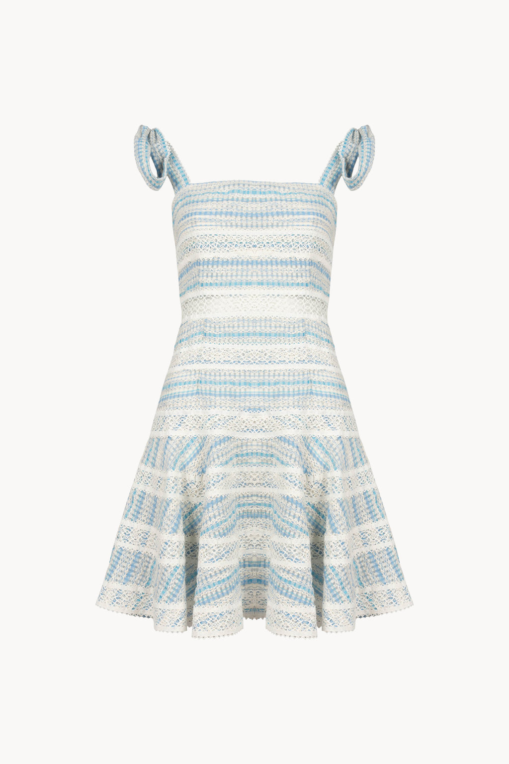 Abito corto a righe in cotone jacquard e pizzo
