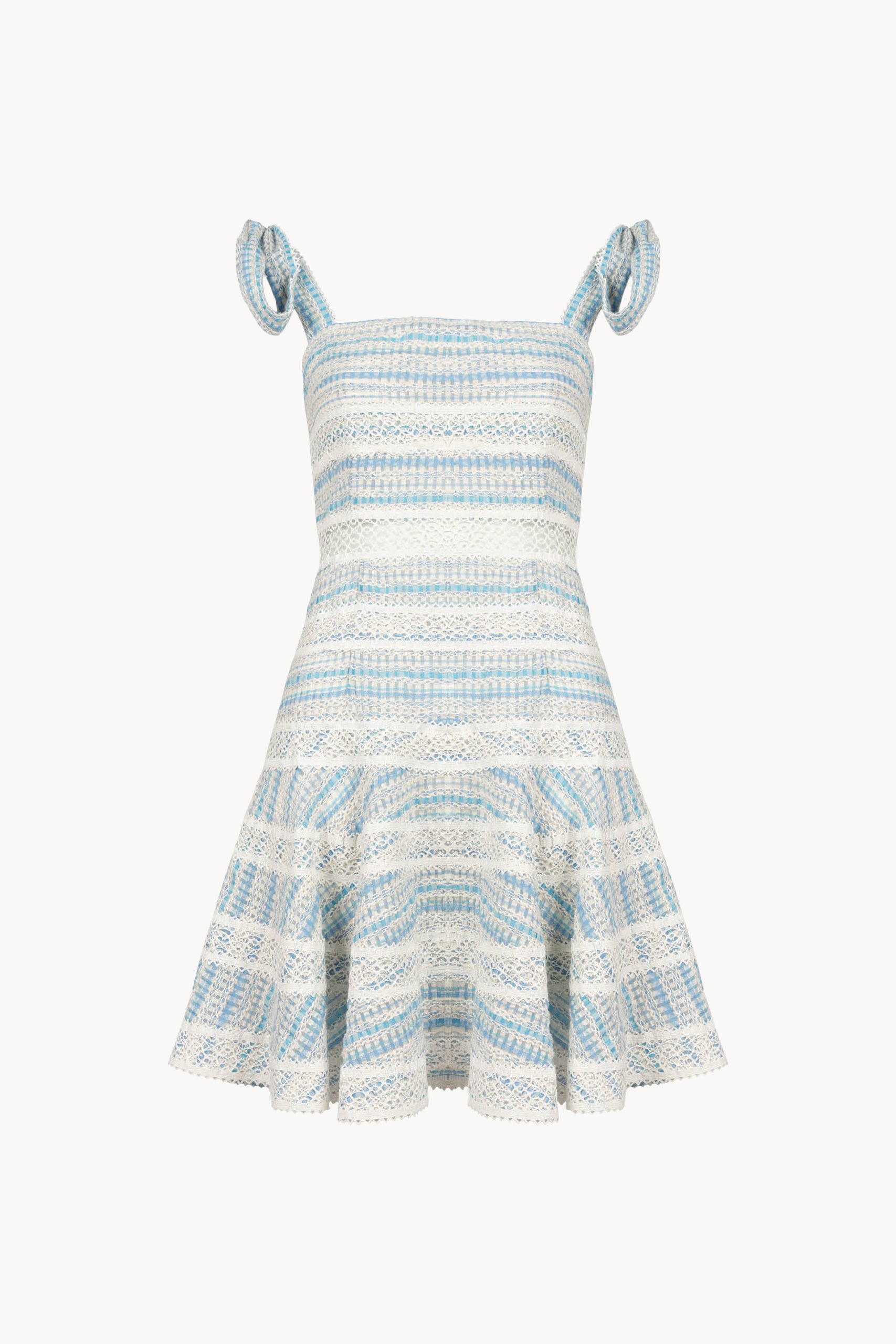 Abito corto a righe in cotone jacquard e pizzo