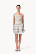Abito corto a righe in cotone jacquard e pizzo