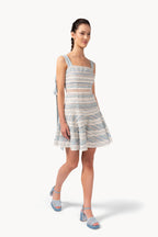 Abito corto a righe in cotone jacquard e pizzo