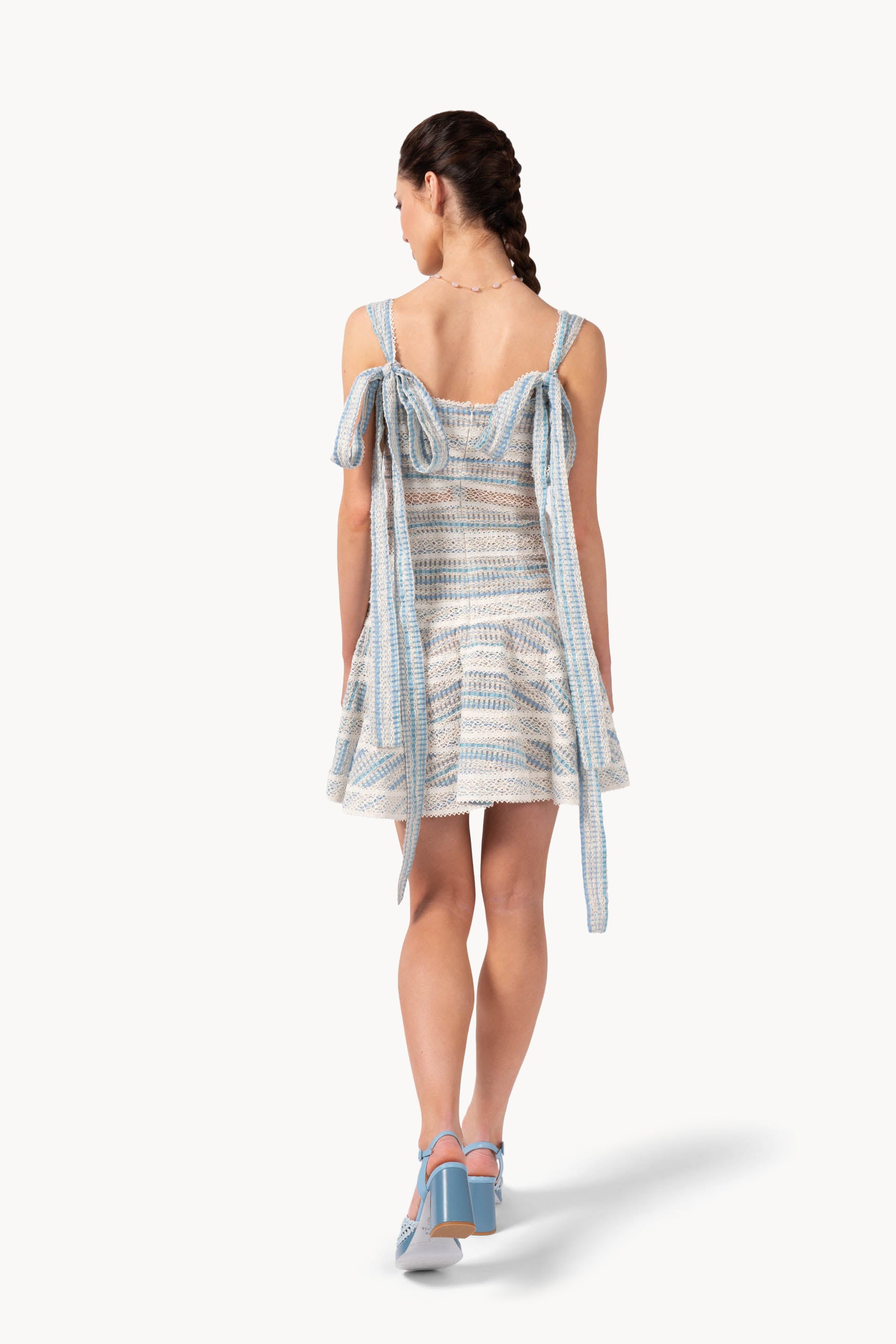 Abito corto a righe in cotone jacquard e pizzo