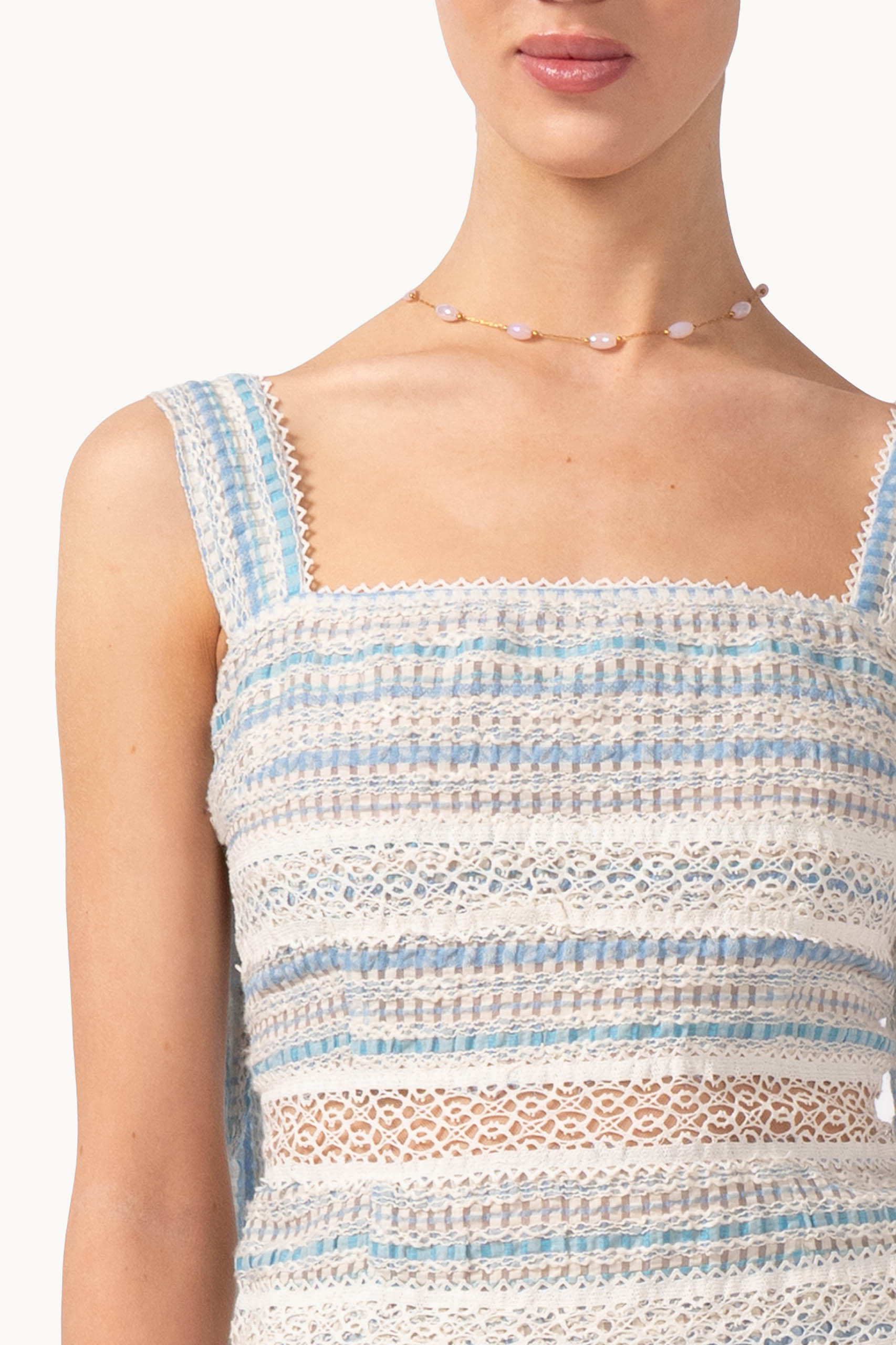 Abito corto a righe in cotone jacquard e pizzo