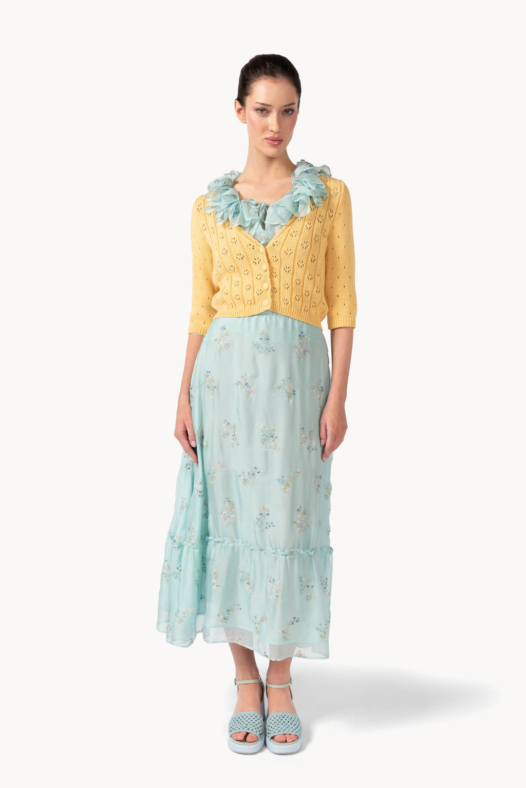 Gonna in chiffon ricamata con orlo a volant