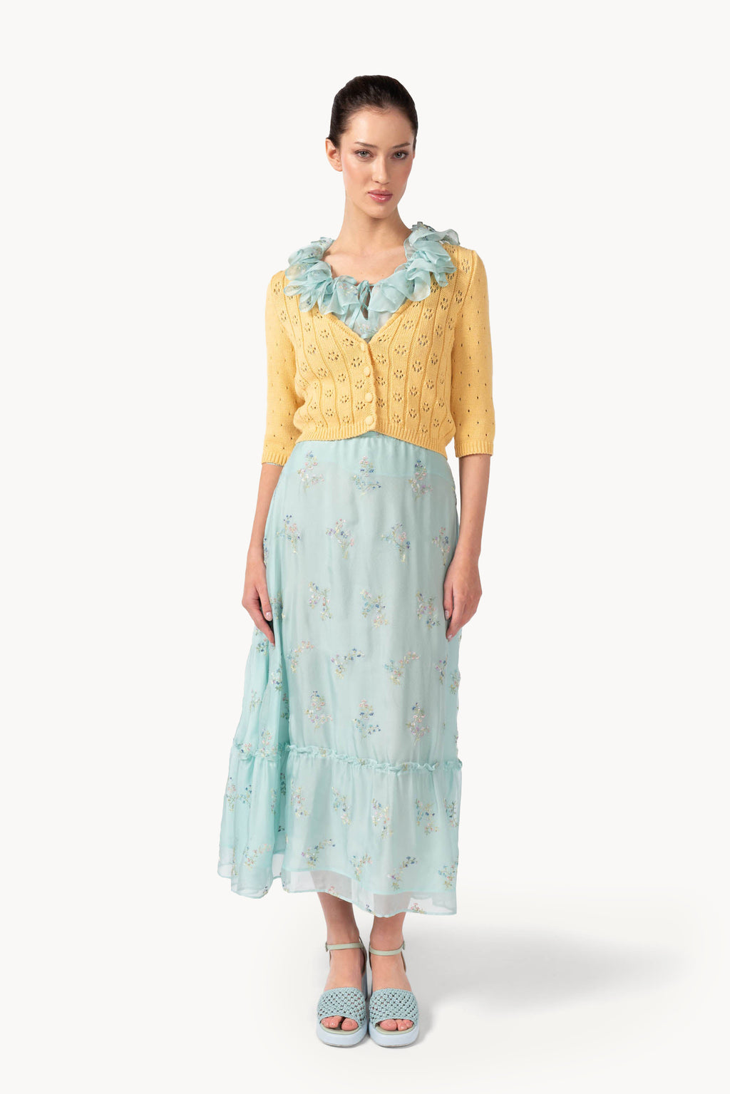 Gonna in chiffon ricamata con orlo a volant