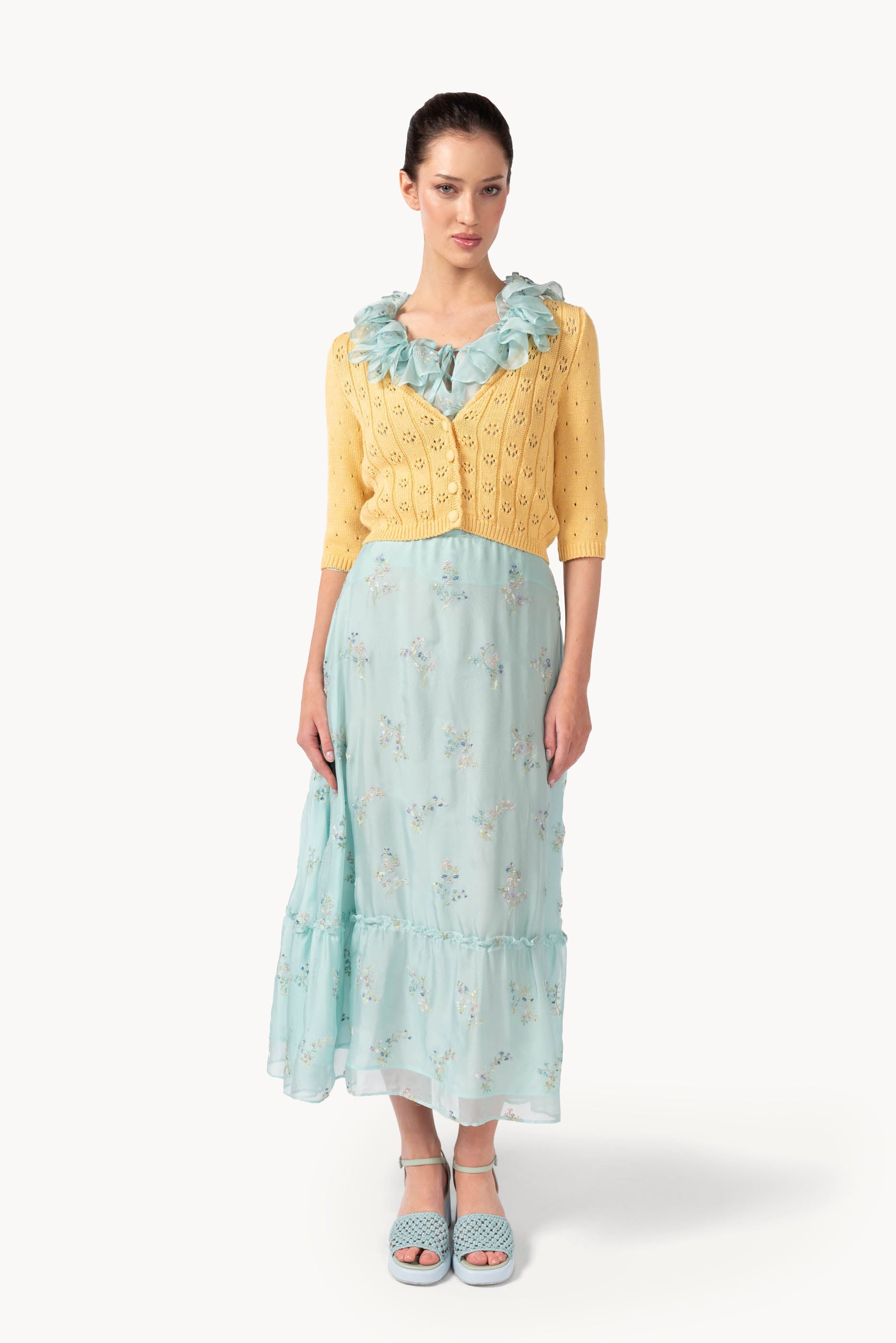 Gonna in chiffon ricamata con orlo a volant