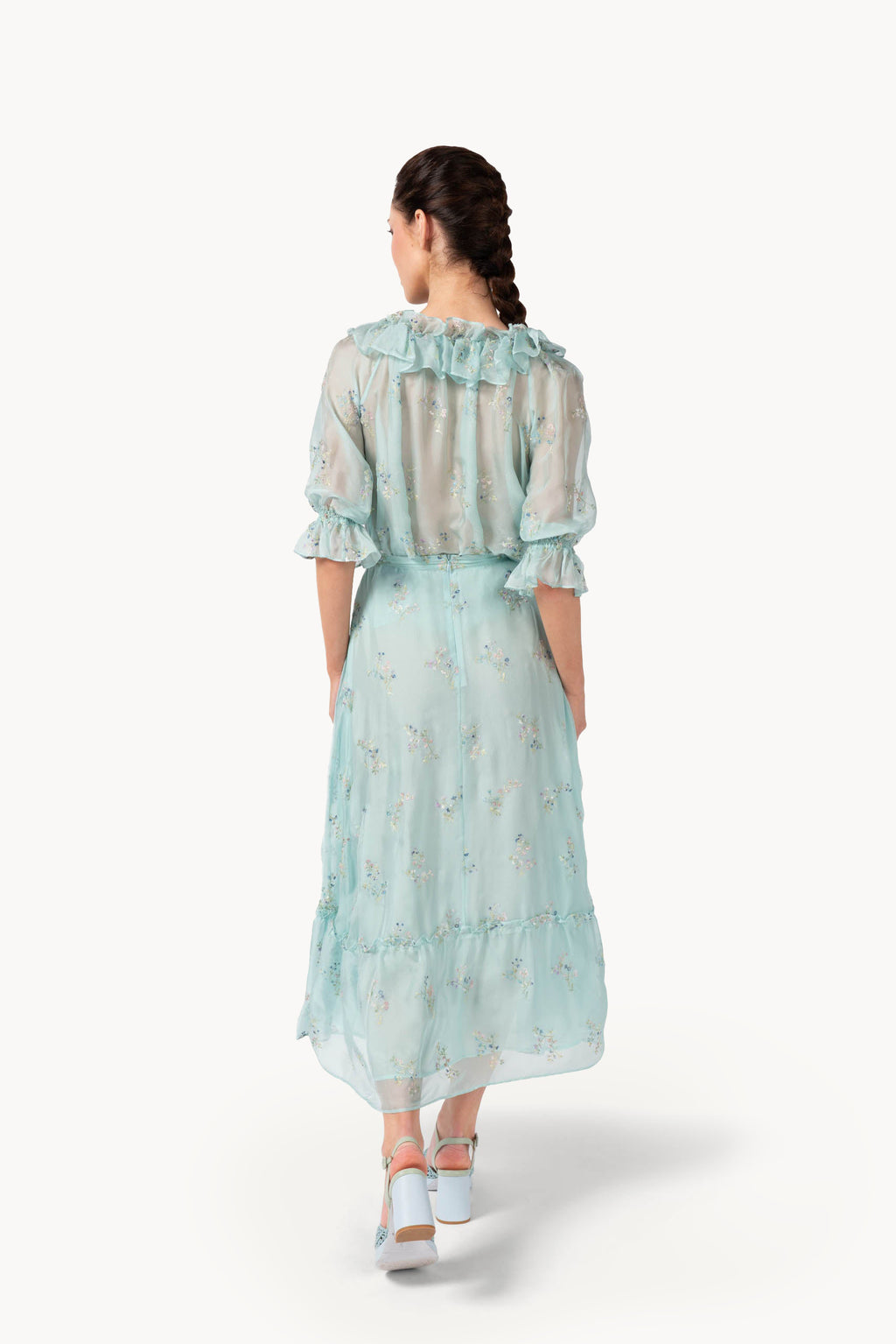 Gonna in chiffon ricamata con orlo a volant