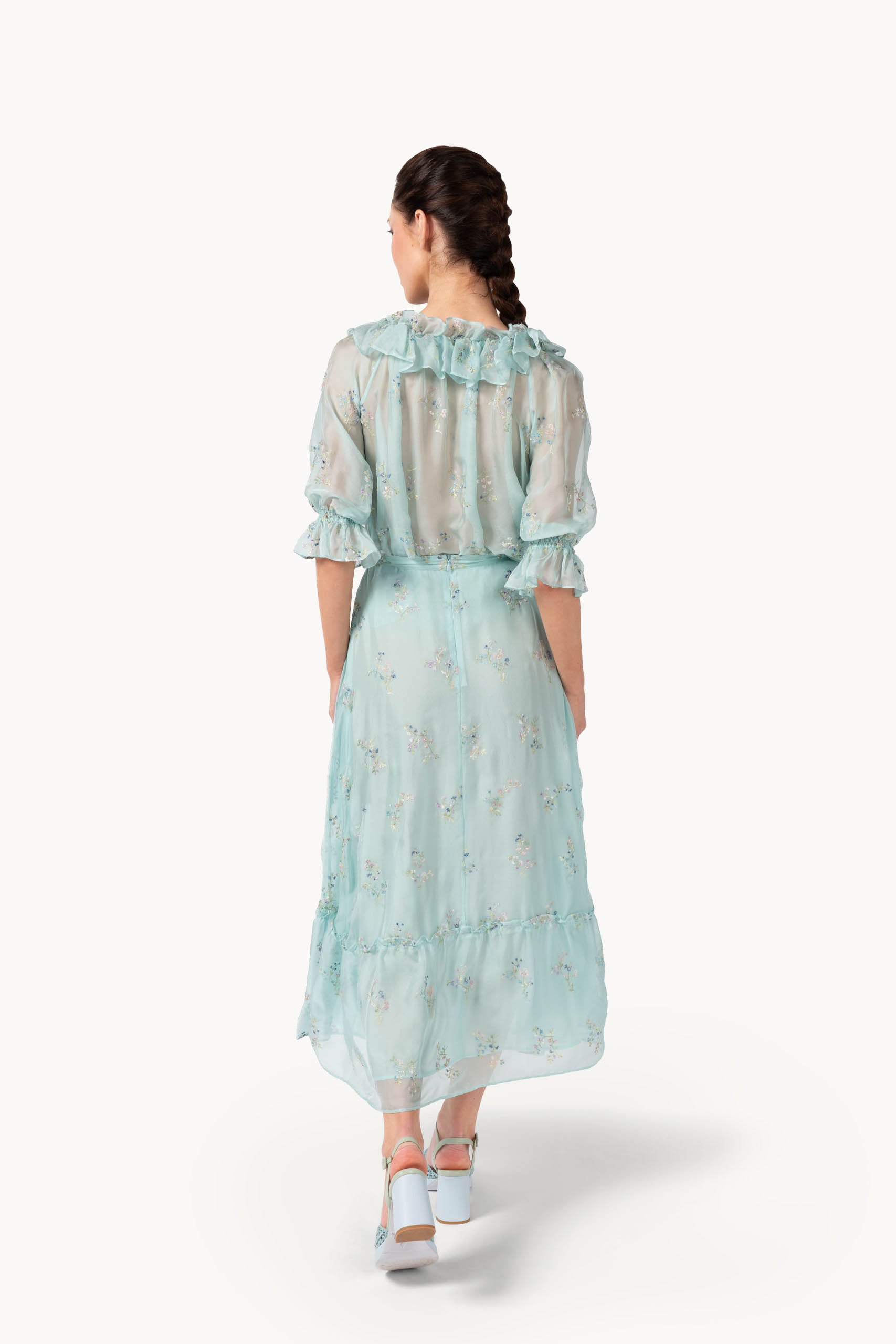 Gonna in chiffon ricamata con orlo a volant