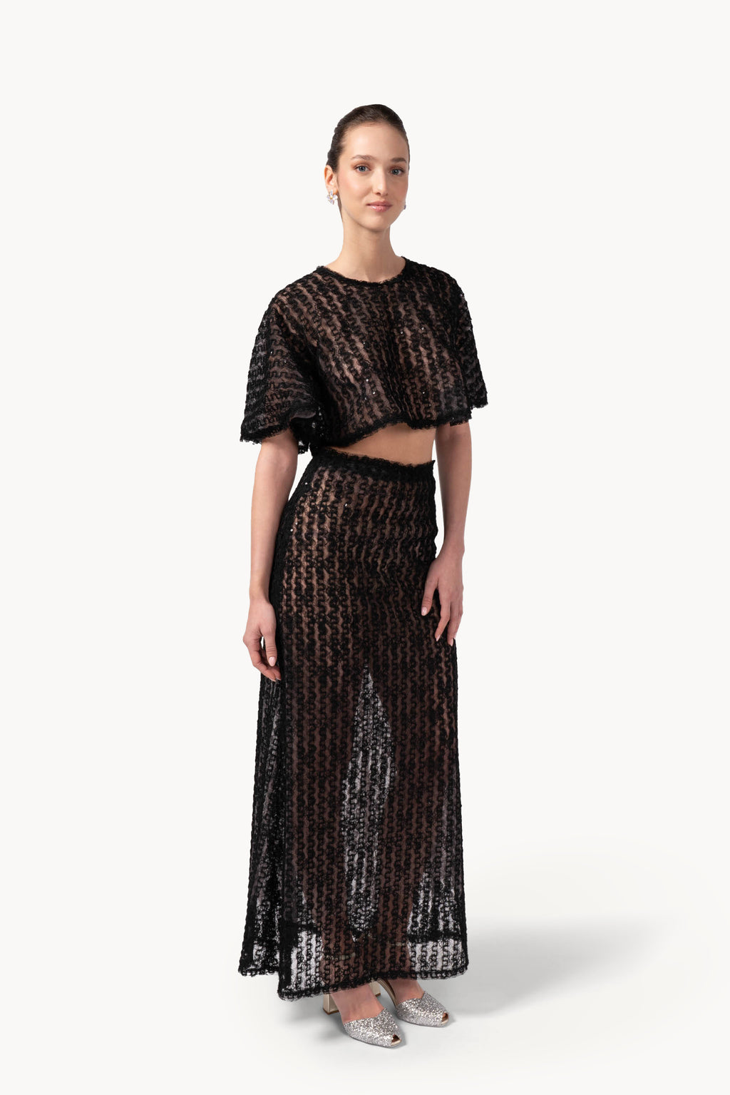 Embroidered Organza & Tulle Skirt With Sequins