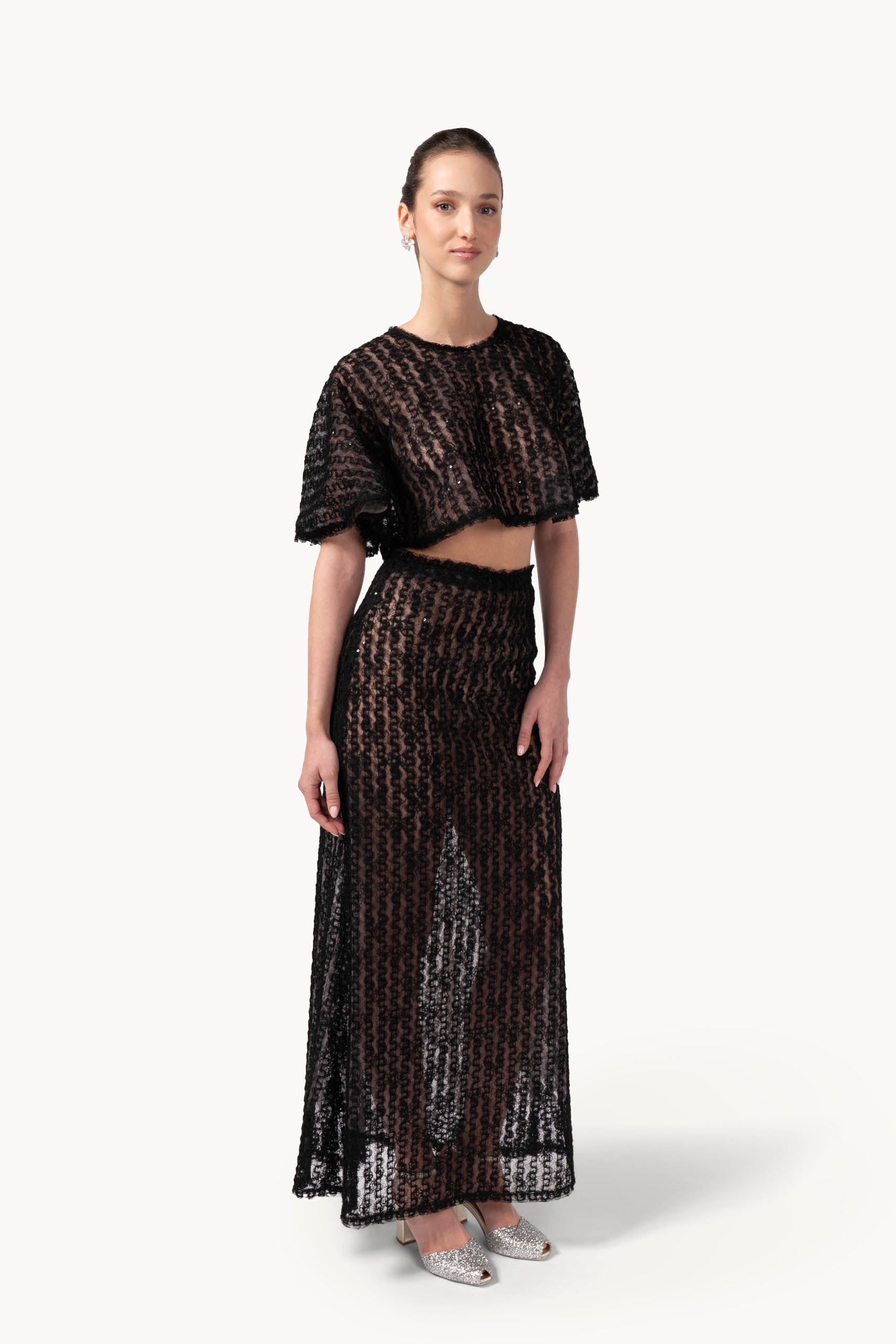 Embroidered Organza & Tulle Skirt With Sequins
