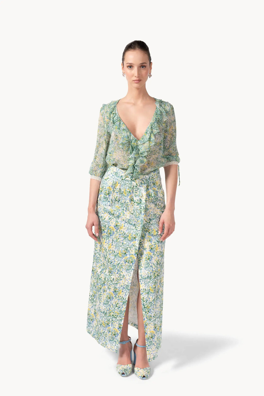 Floral Print Cotton Sateen Skirt With Buttons