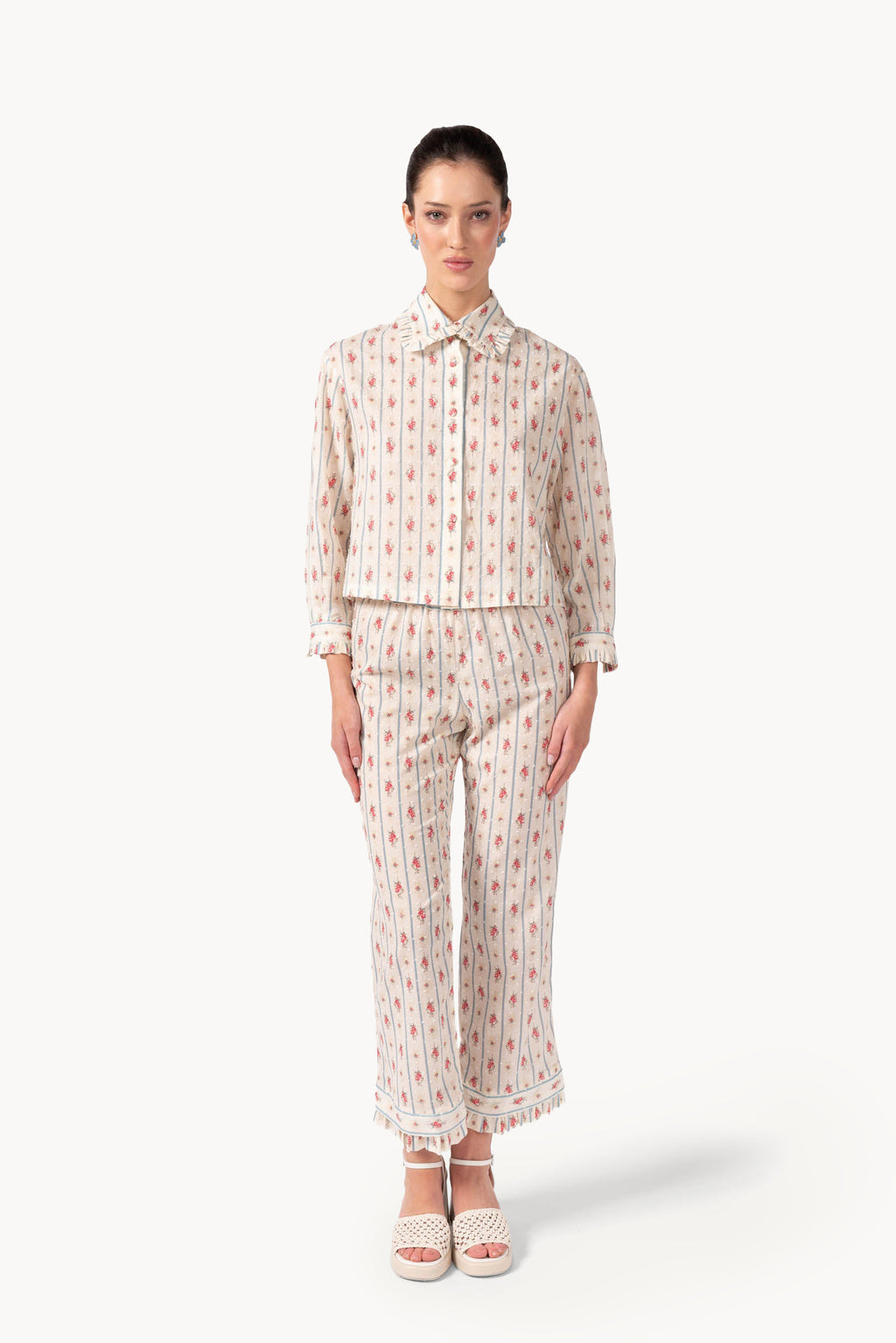 Pantaloni in cotone plumetis floreale e a righe