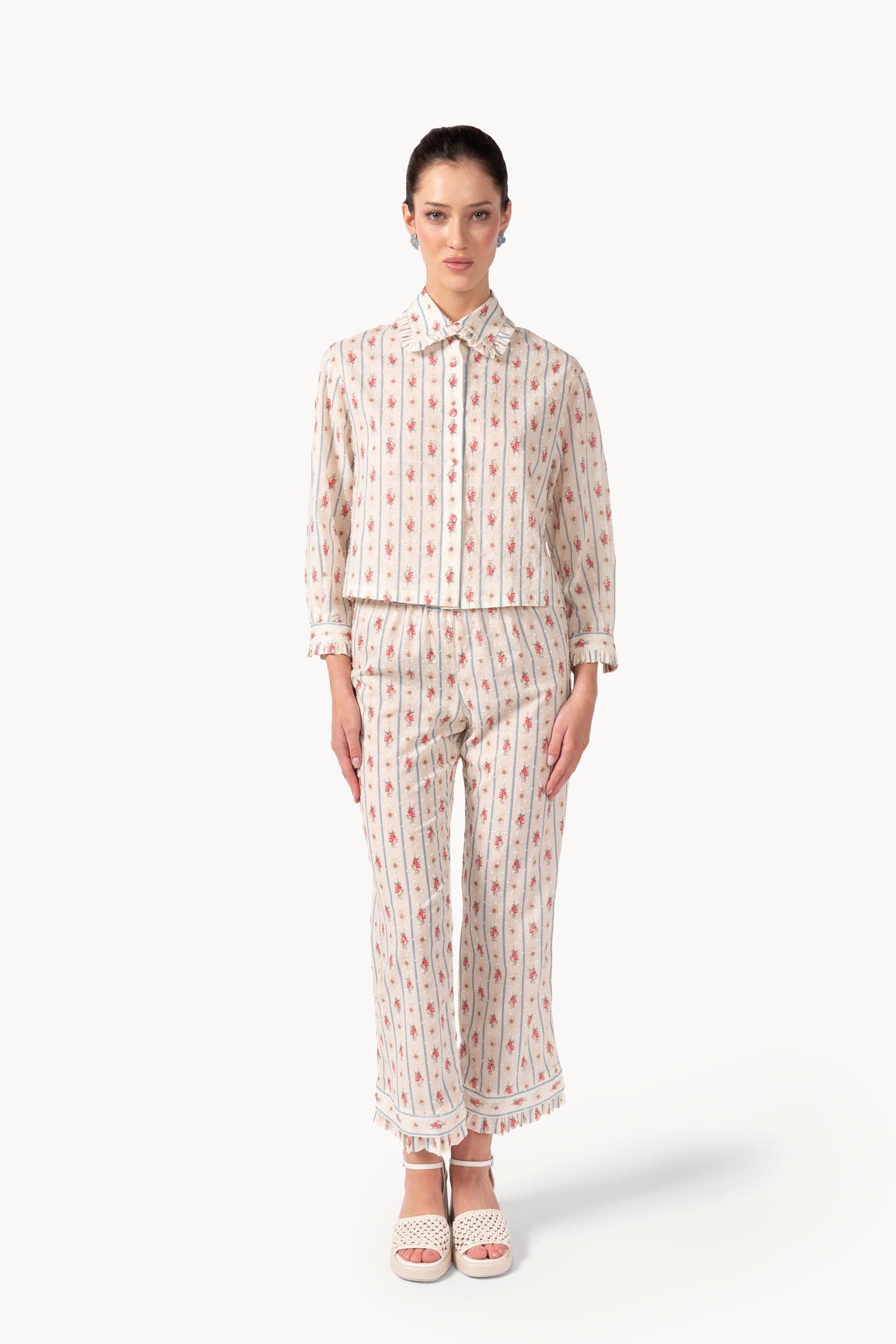 Camicia in cotone plumetis floreale e a righe