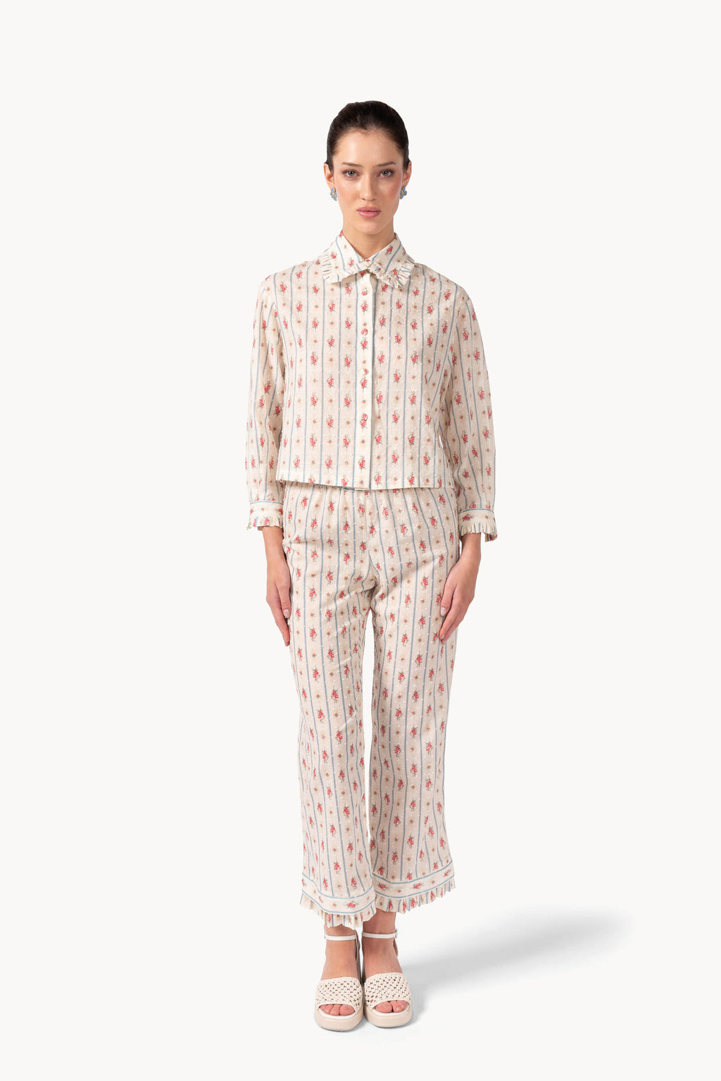 Pantaloni in cotone plumetis floreale e a righe