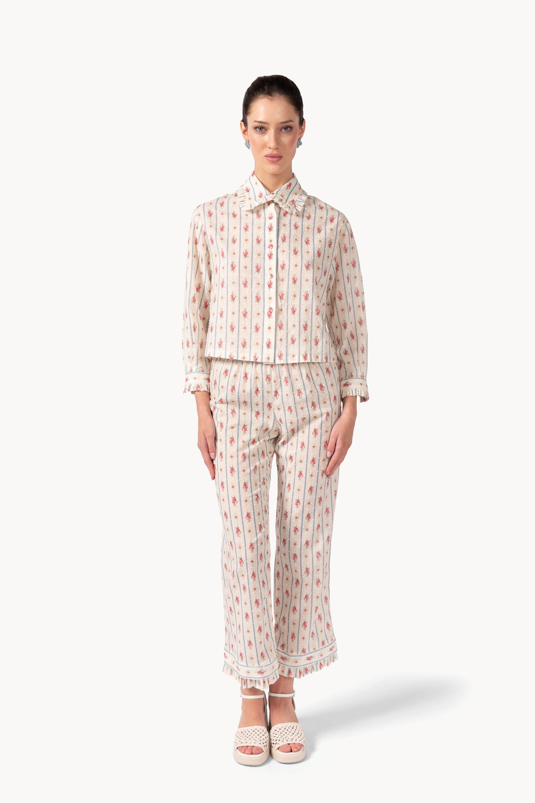 Pantaloni in cotone plumetis floreale e a righe